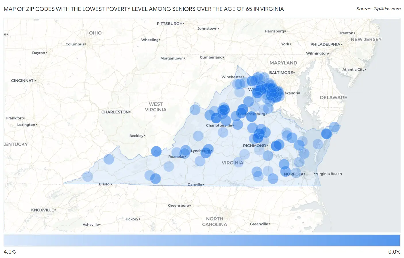 Zip Codes with the Lowest Poverty Level Among Seniors Over the Age of 65 in Virginia Map