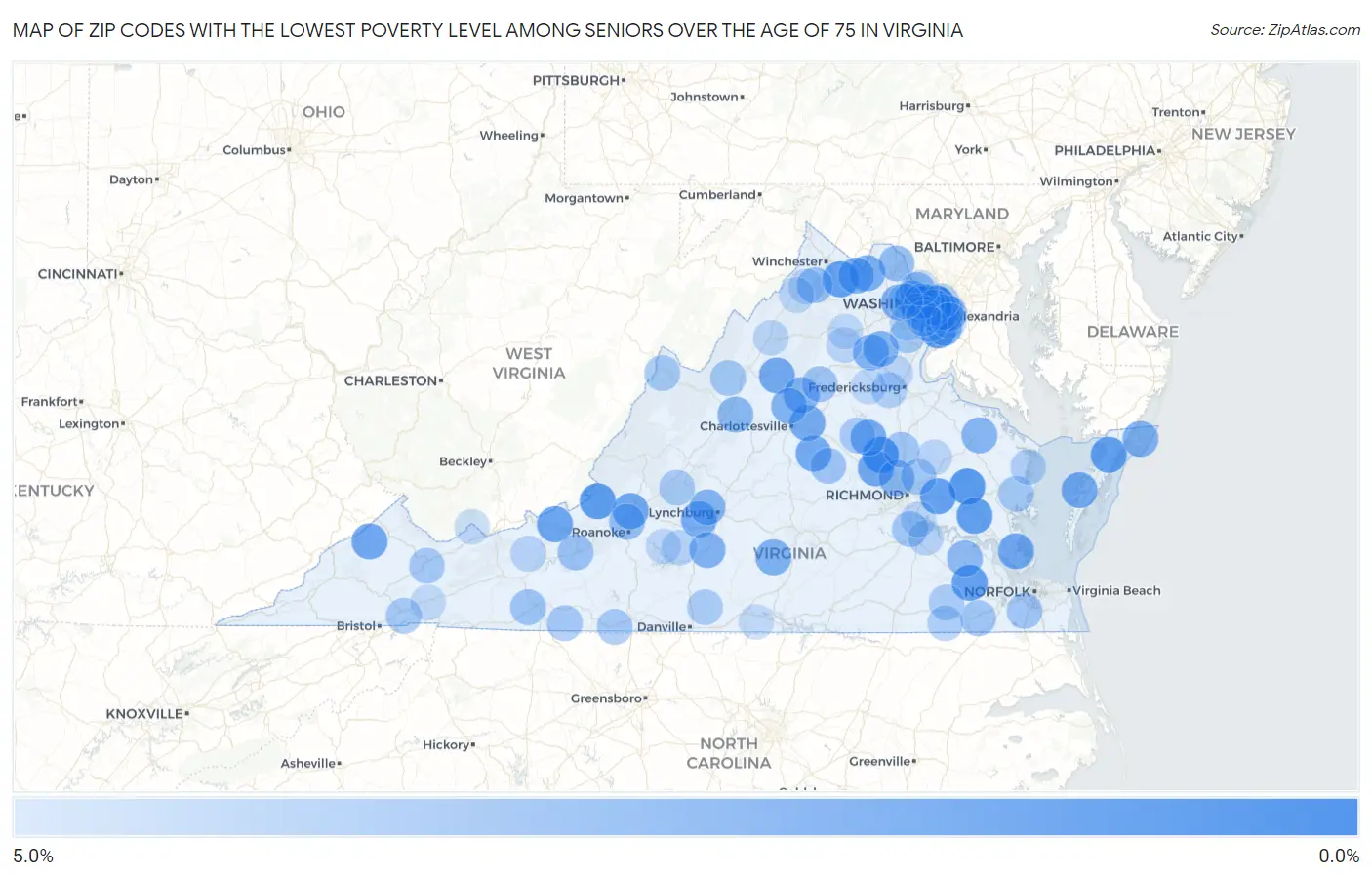 Zip Codes with the Lowest Poverty Level Among Seniors Over the Age of 75 in Virginia Map