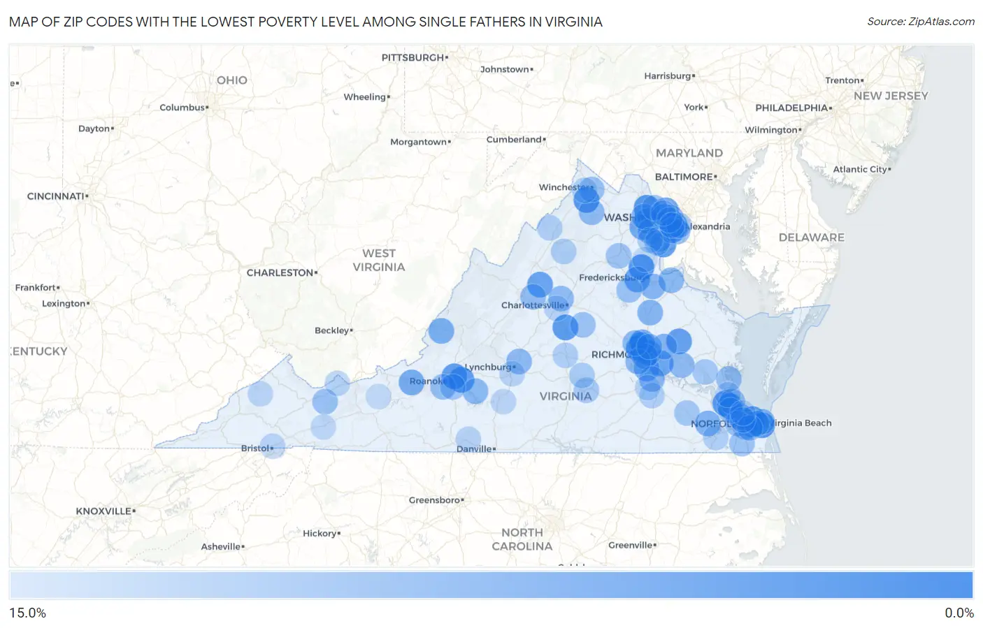 Zip Codes with the Lowest Poverty Level Among Single Fathers in Virginia Map