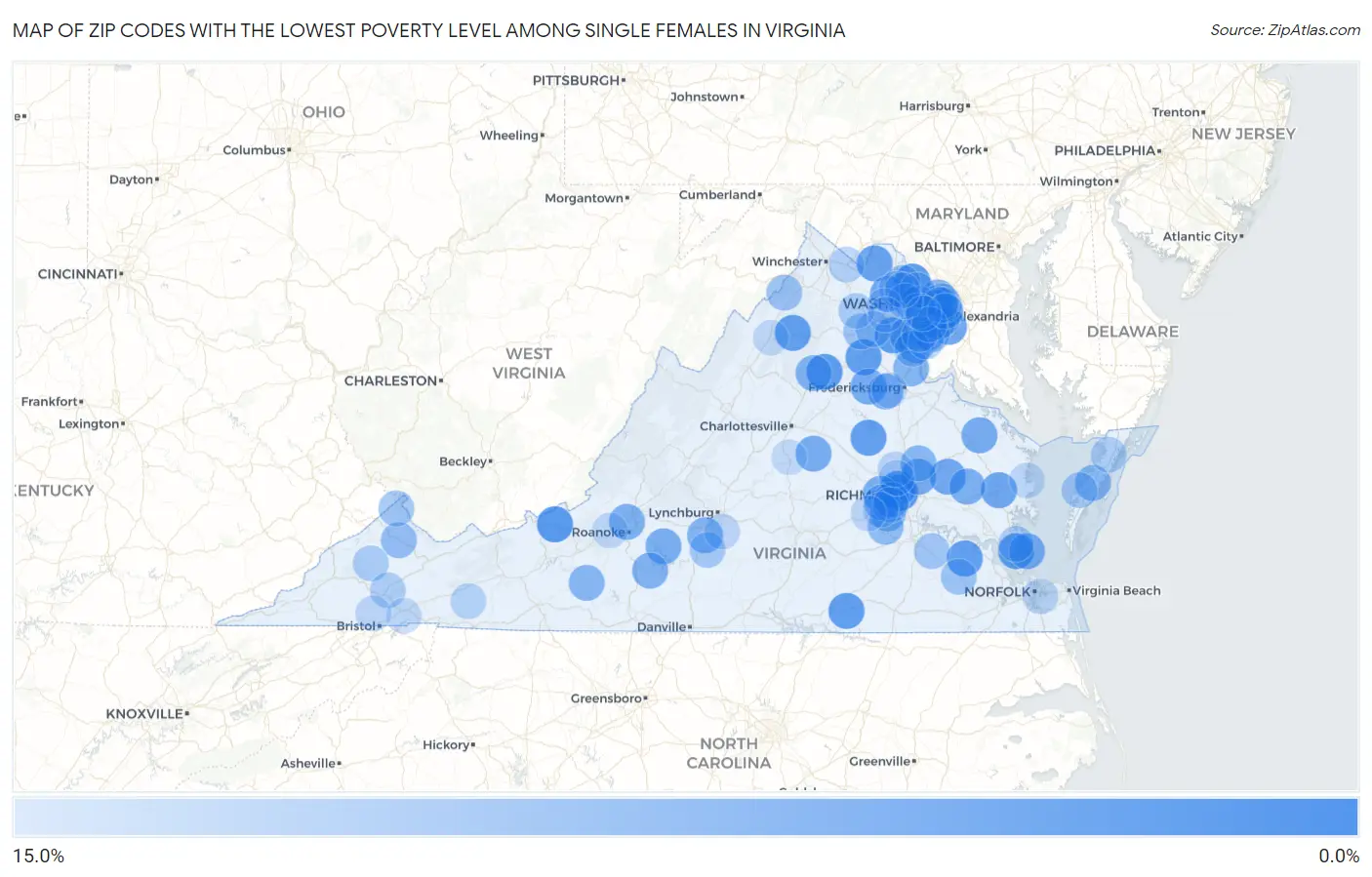 Zip Codes with the Lowest Poverty Level Among Single Females in Virginia Map