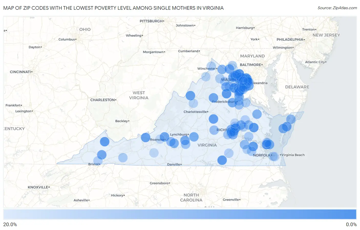 Zip Codes with the Lowest Poverty Level Among Single Mothers in Virginia Map