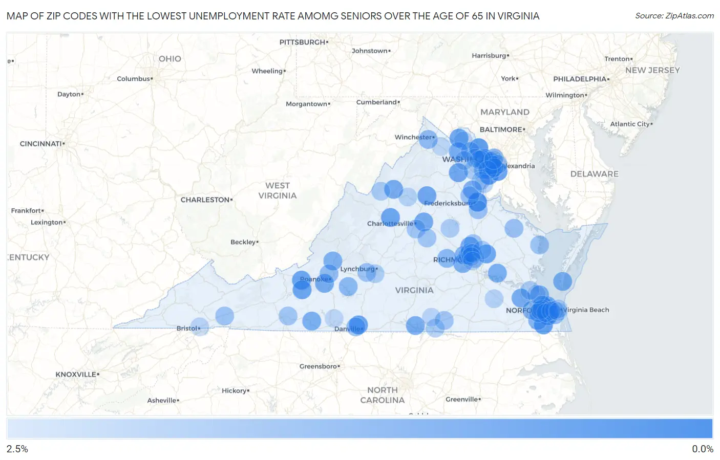 Zip Codes with the Lowest Unemployment Rate Amomg Seniors Over the Age of 65 in Virginia Map
