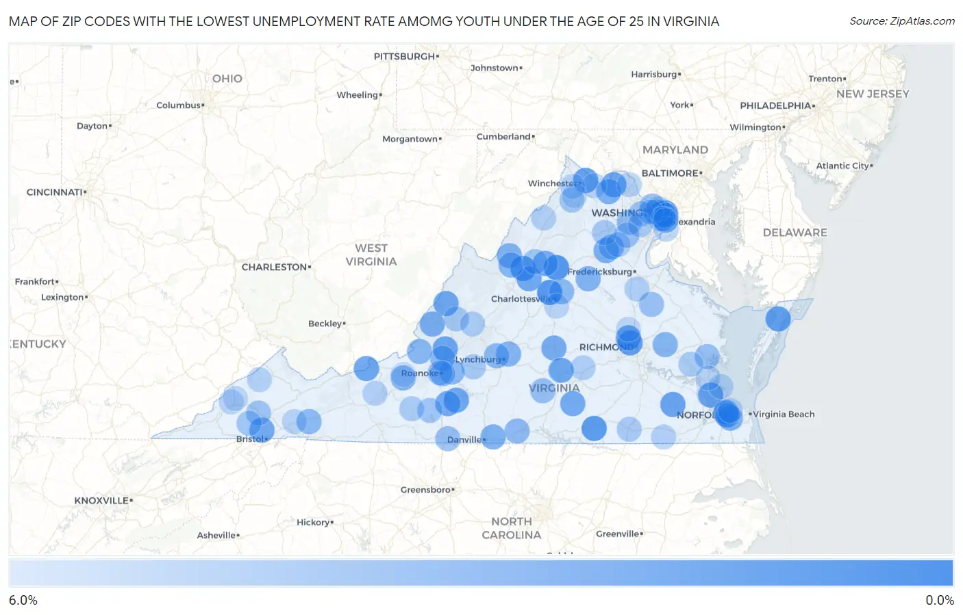 Zip Codes with the Lowest Unemployment Rate Amomg Youth Under the Age of 25 in Virginia Map