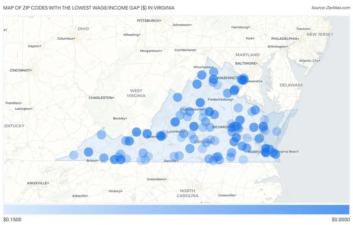 Zip Codes with the Lowest Wage/Income Gap ($) in Virginia Map