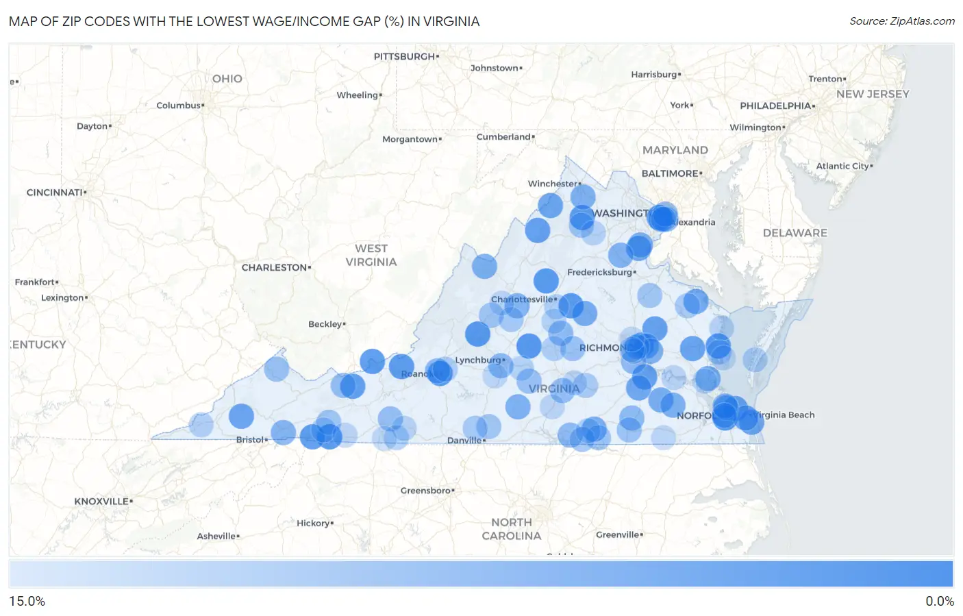Zip Codes with the Lowest Wage/Income Gap (%) in Virginia Map