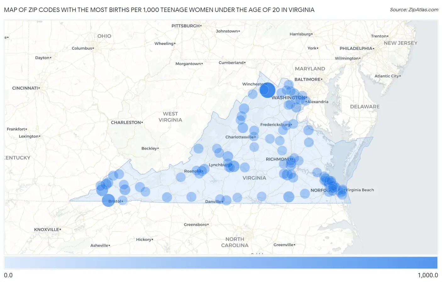 Zip Codes with the Most Births per 1,000 Teenage Women Under the Age of 20 in Virginia Map