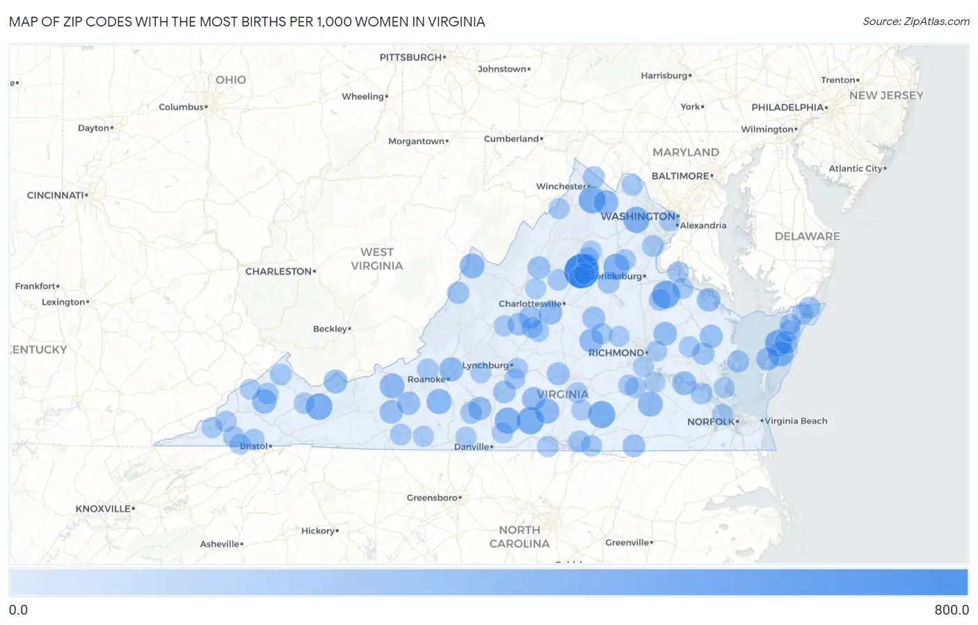 Zip Codes with the Most Births per 1,000 Women in Virginia Map