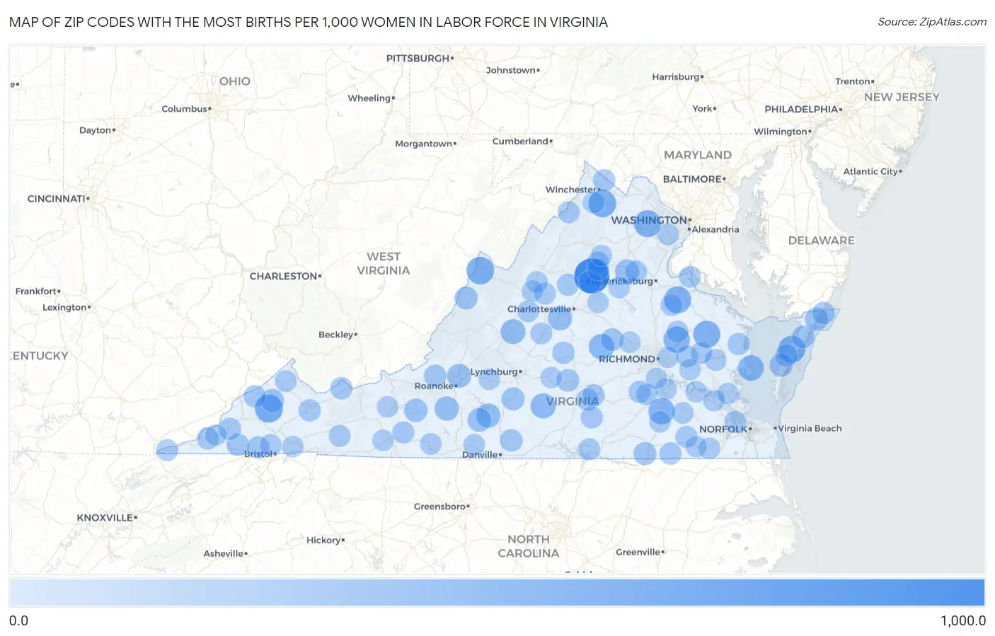 Zip Codes with the Most Births per 1,000 Women in Labor Force in Virginia Map