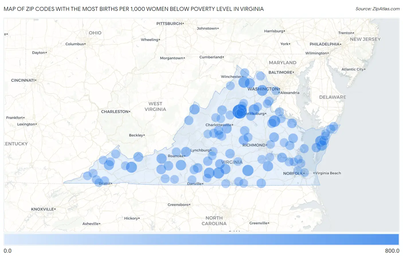 Zip Codes with the Most Births per 1,000 Women Below Poverty Level in Virginia Map