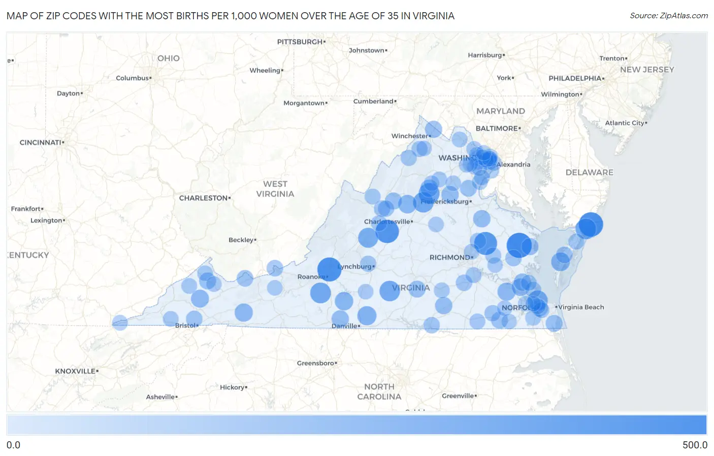 Zip Codes with the Most Births per 1,000 Women Over the Age of 35 in Virginia Map