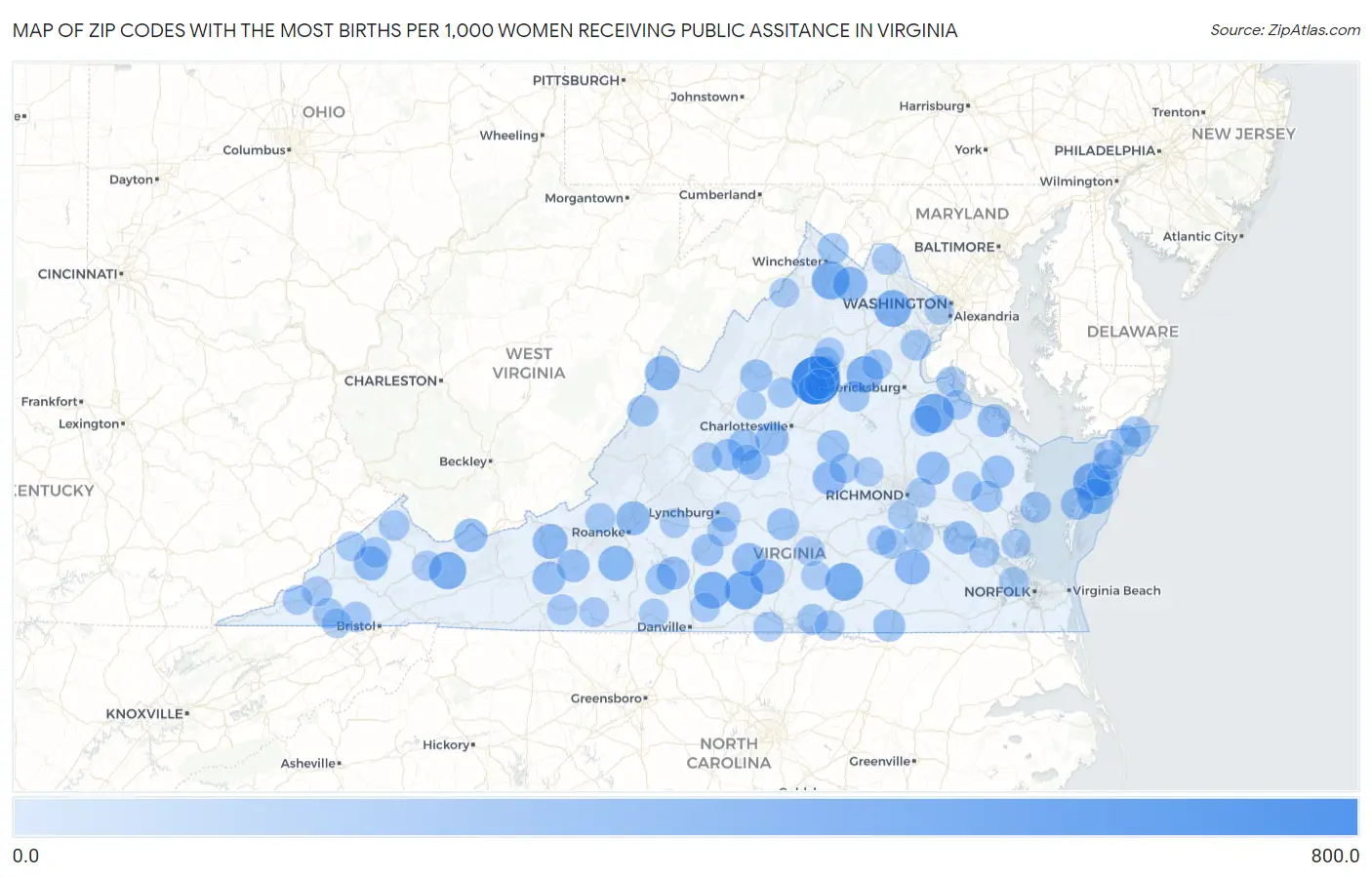Zip Codes with the Most Births per 1,000 Women Receiving Public Assitance in Virginia Map
