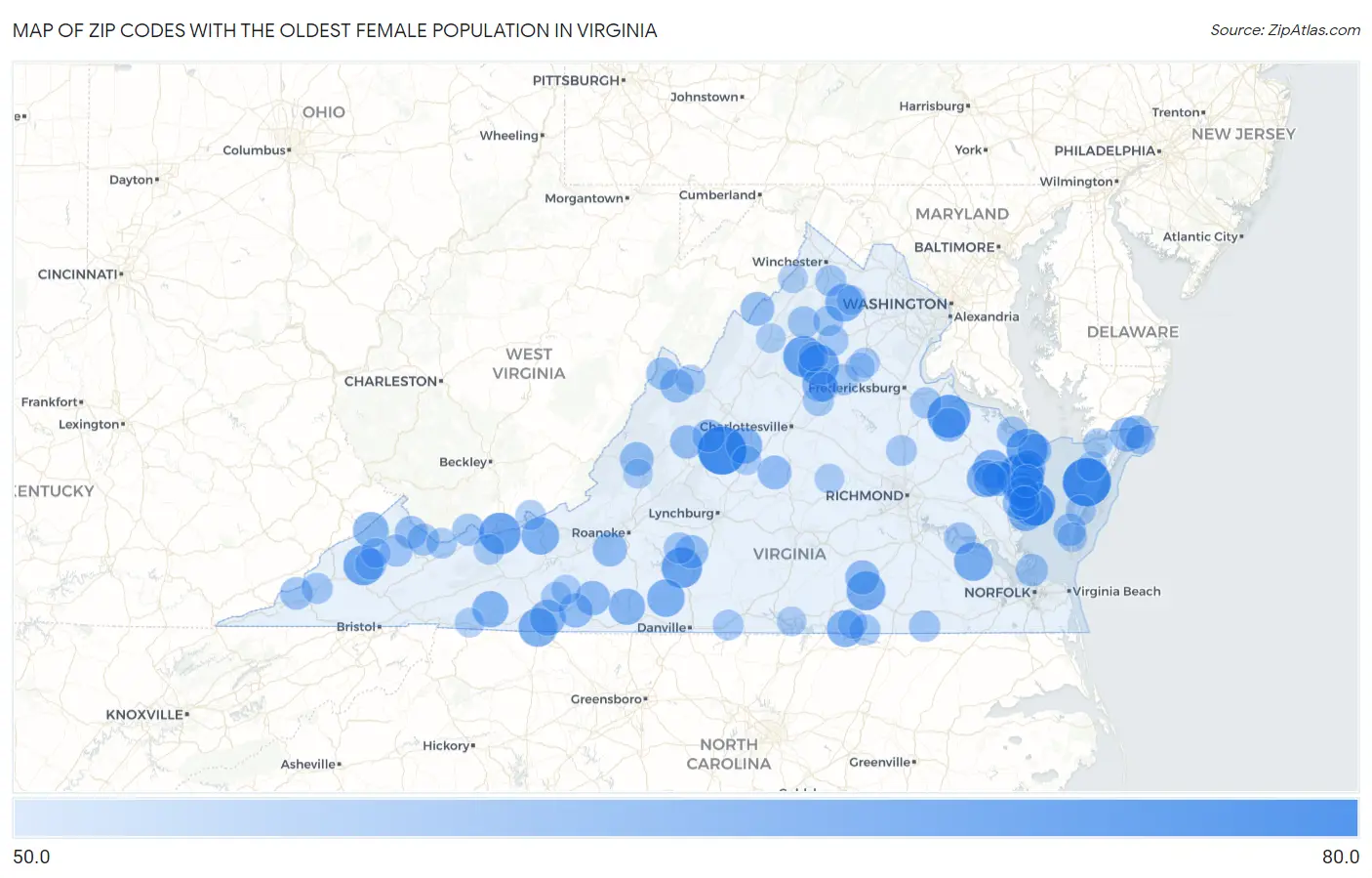 Zip Codes with the Oldest Female Population in Virginia Map