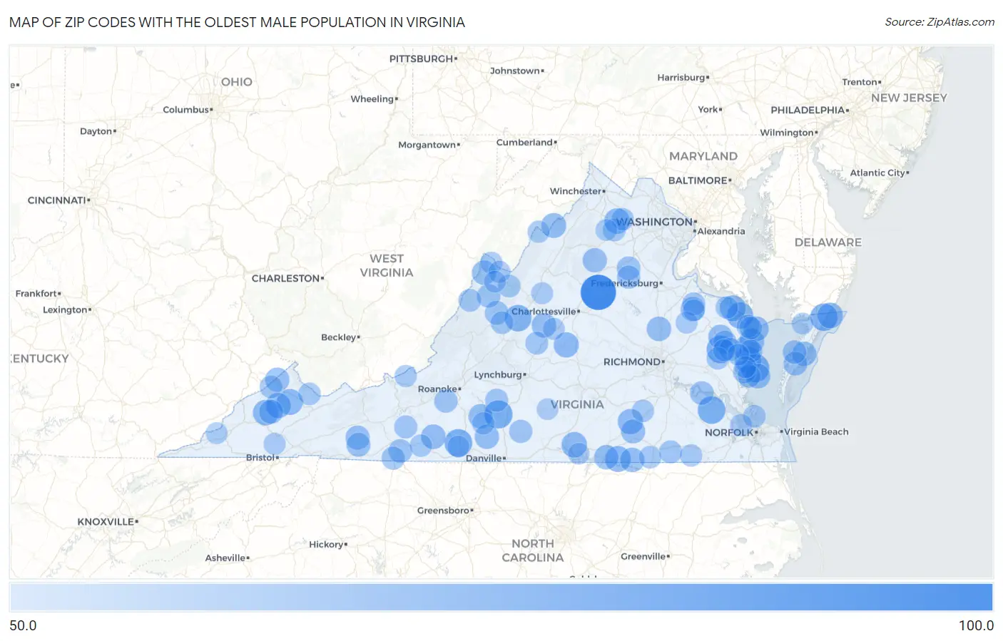 Zip Codes with the Oldest Male Population in Virginia Map