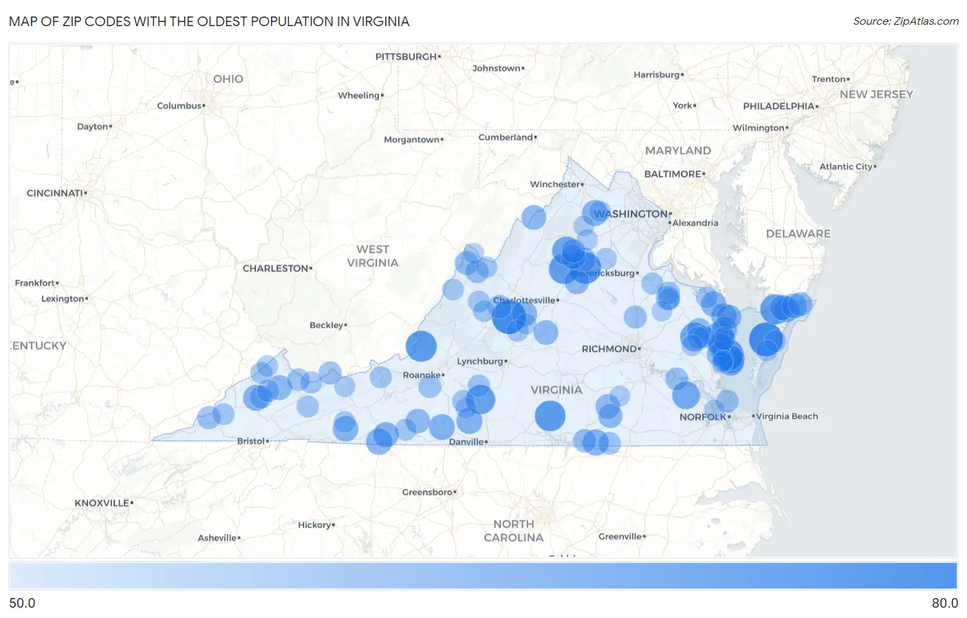 Zip Codes with the Oldest Population in Virginia Map