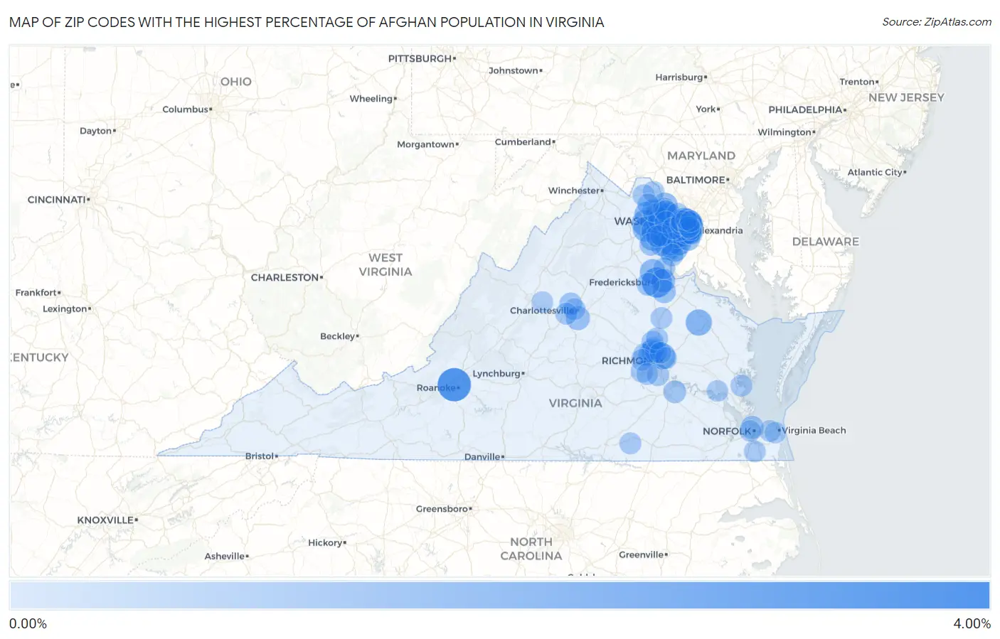 Zip Codes with the Highest Percentage of Afghan Population in Virginia Map