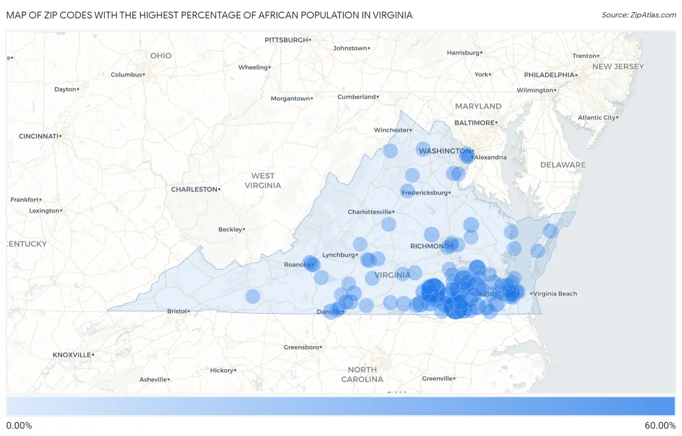Zip Codes with the Highest Percentage of African Population in Virginia Map