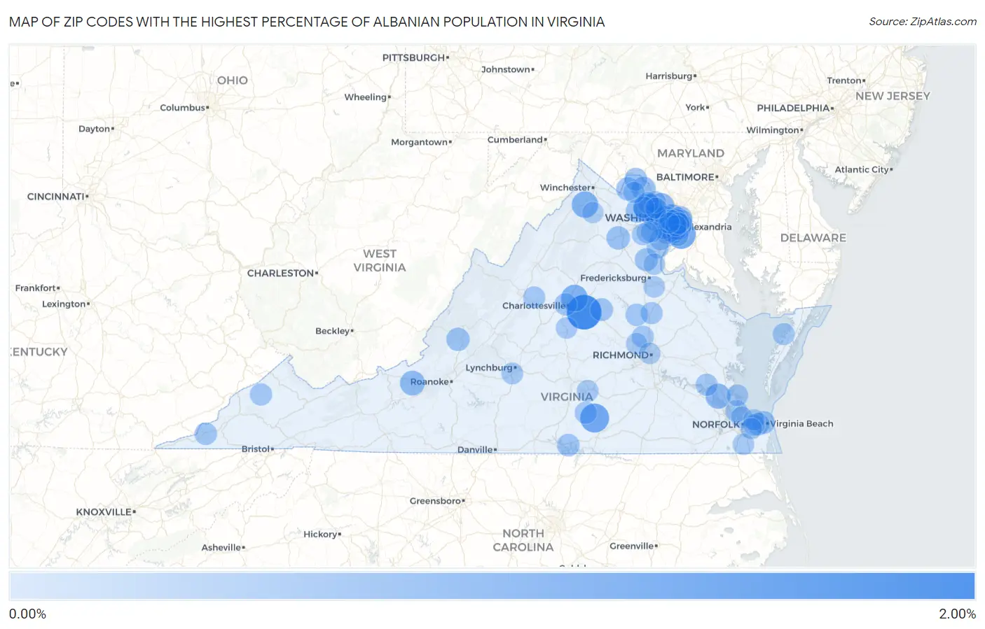 Zip Codes with the Highest Percentage of Albanian Population in Virginia Map