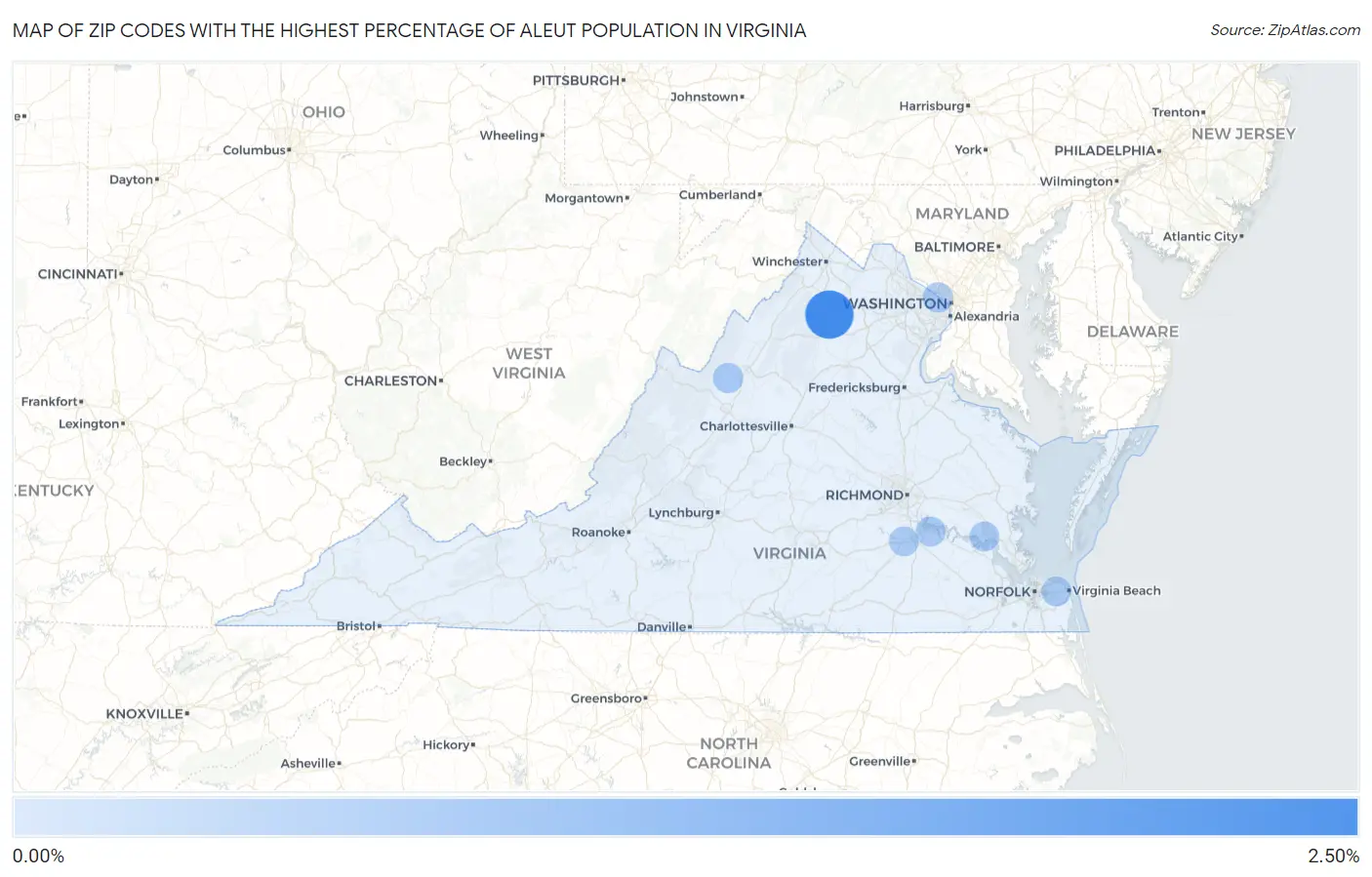 Zip Codes with the Highest Percentage of Aleut Population in Virginia Map