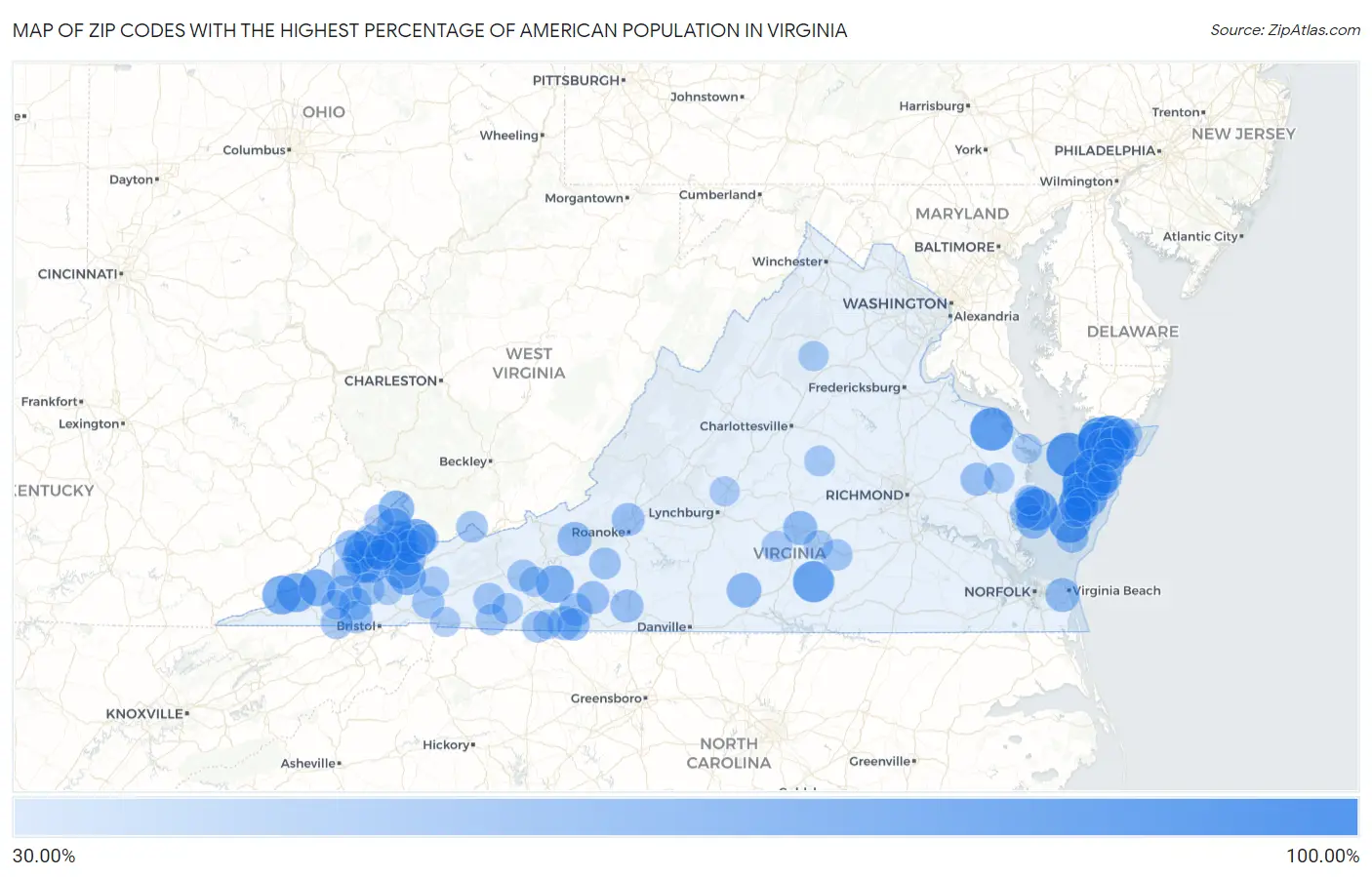 Zip Codes with the Highest Percentage of American Population in Virginia Map