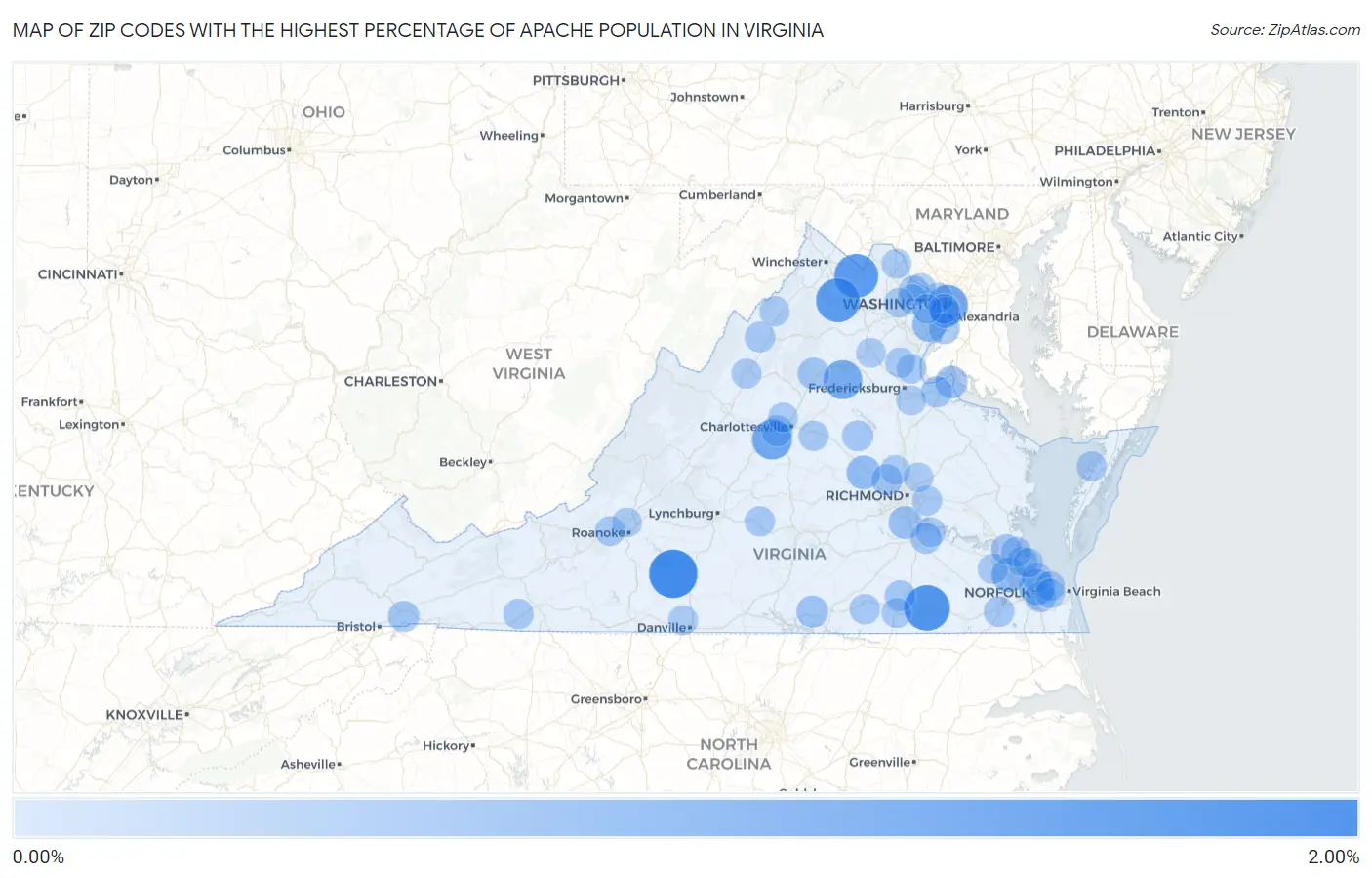 Zip Codes with the Highest Percentage of Apache Population in Virginia Map