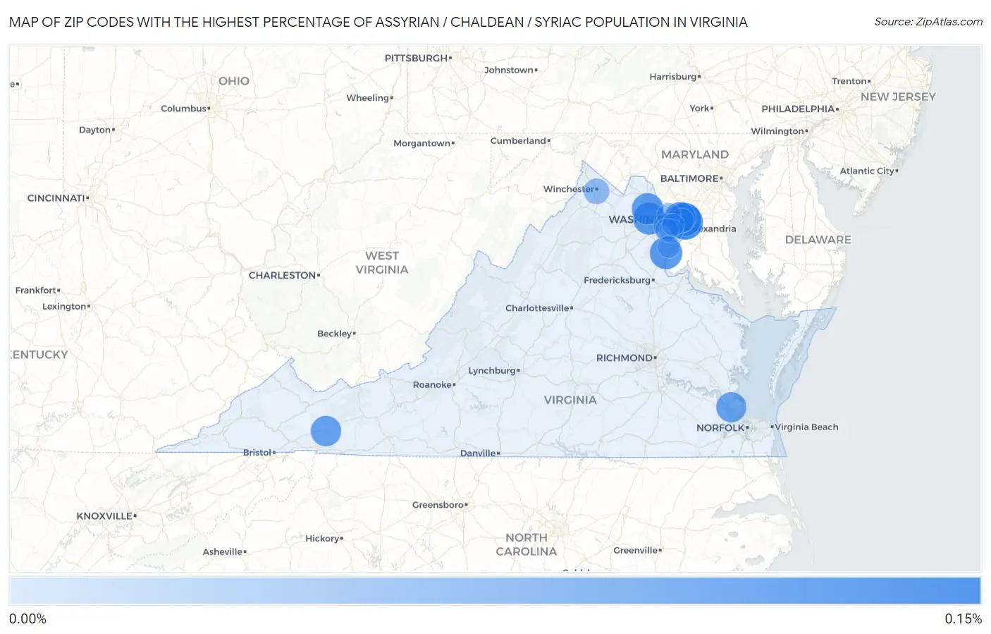 Zip Codes with the Highest Percentage of Assyrian / Chaldean / Syriac Population in Virginia Map