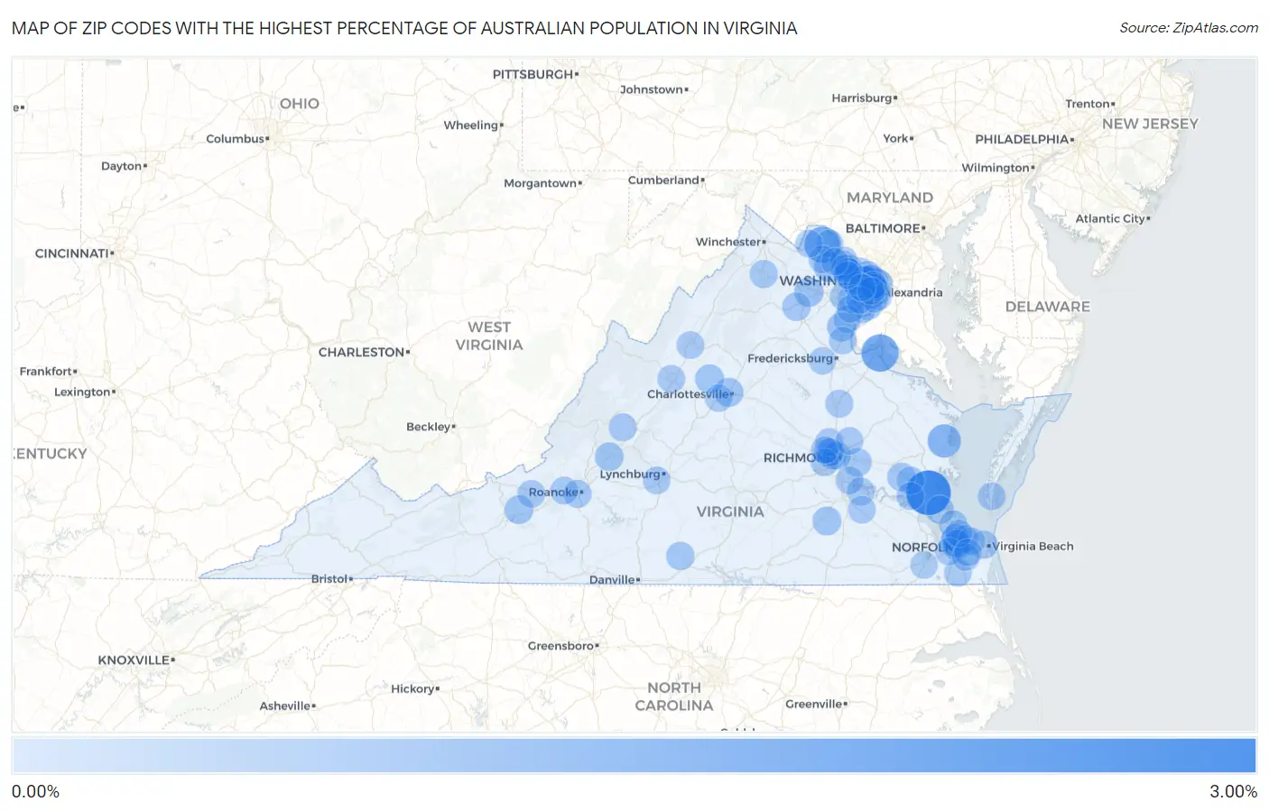Zip Codes with the Highest Percentage of Australian Population in Virginia Map