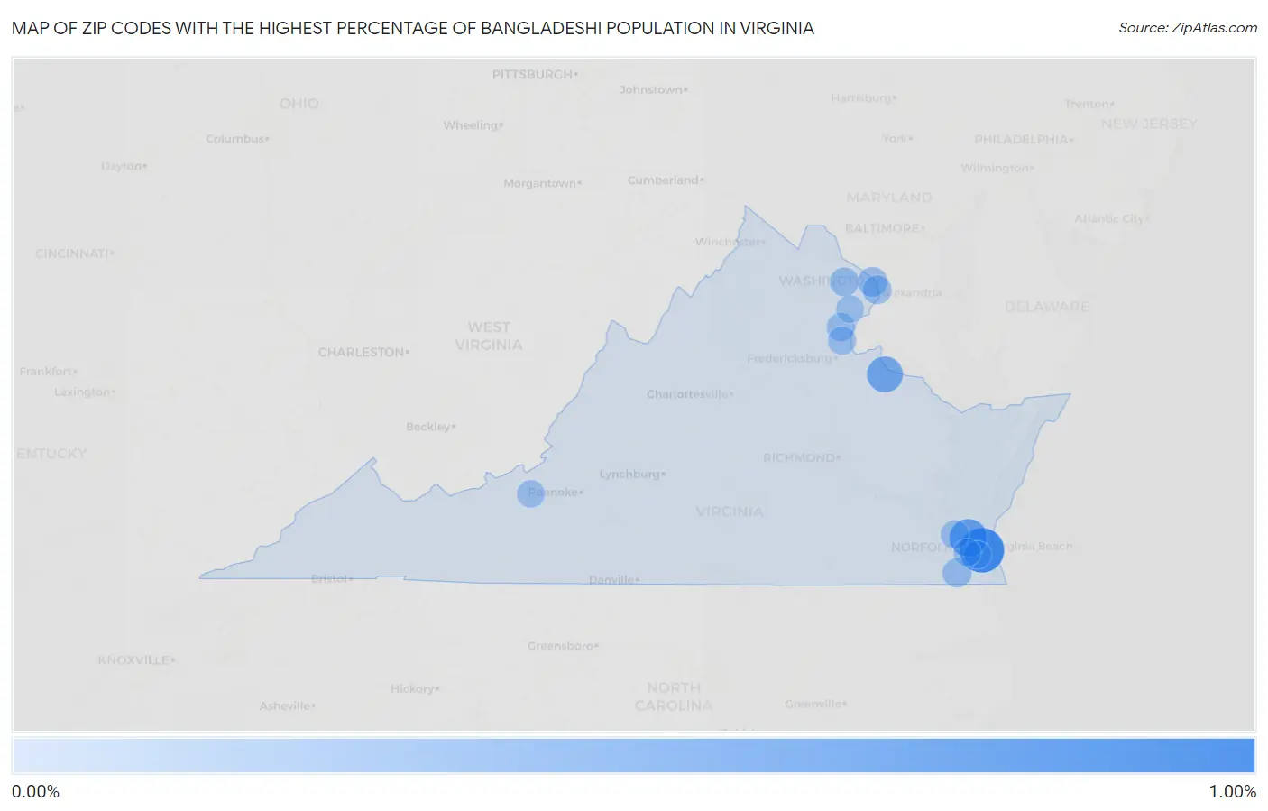 Zip Codes with the Highest Percentage of Bangladeshi Population in Virginia Map