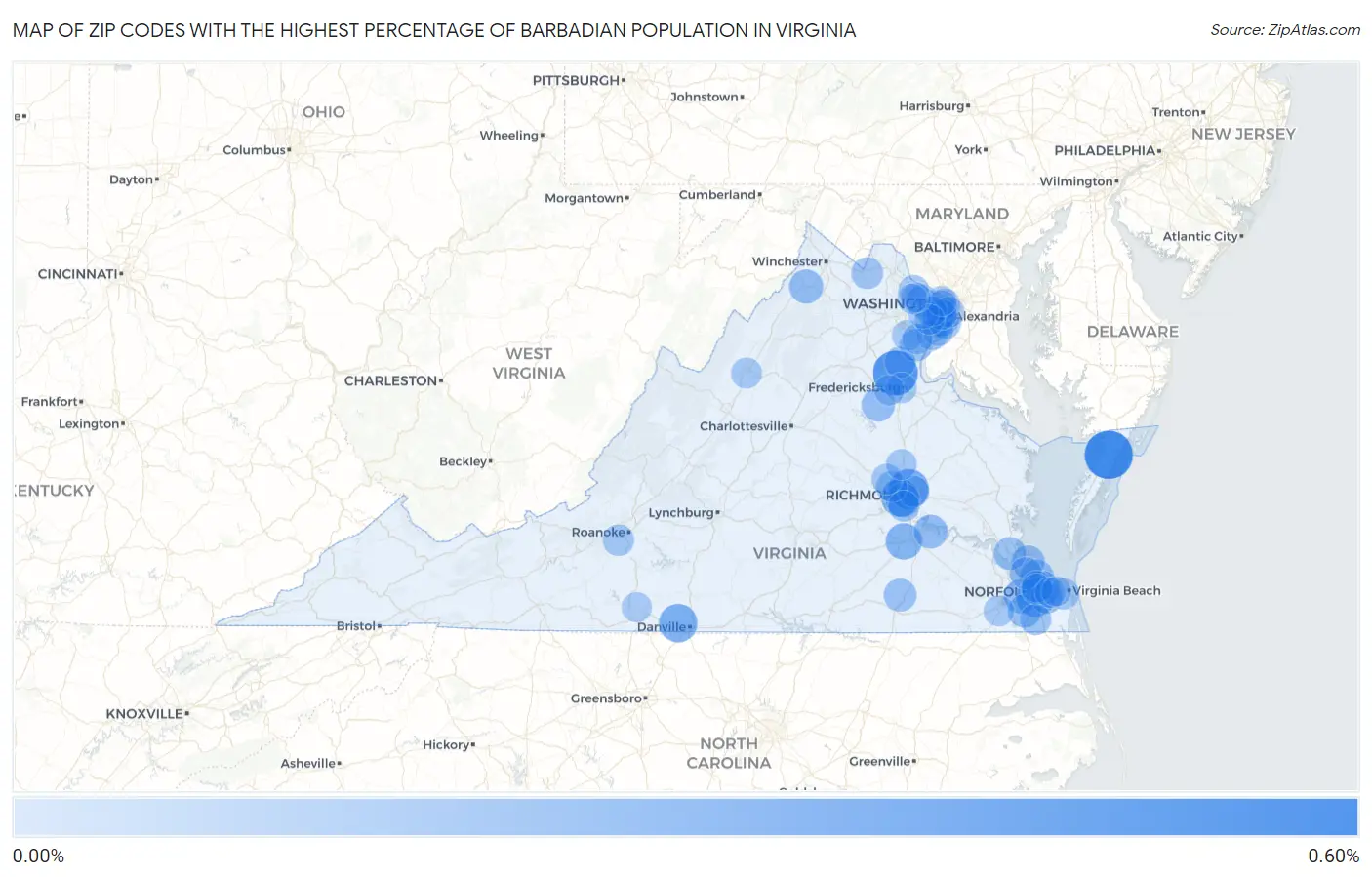 Zip Codes with the Highest Percentage of Barbadian Population in Virginia Map