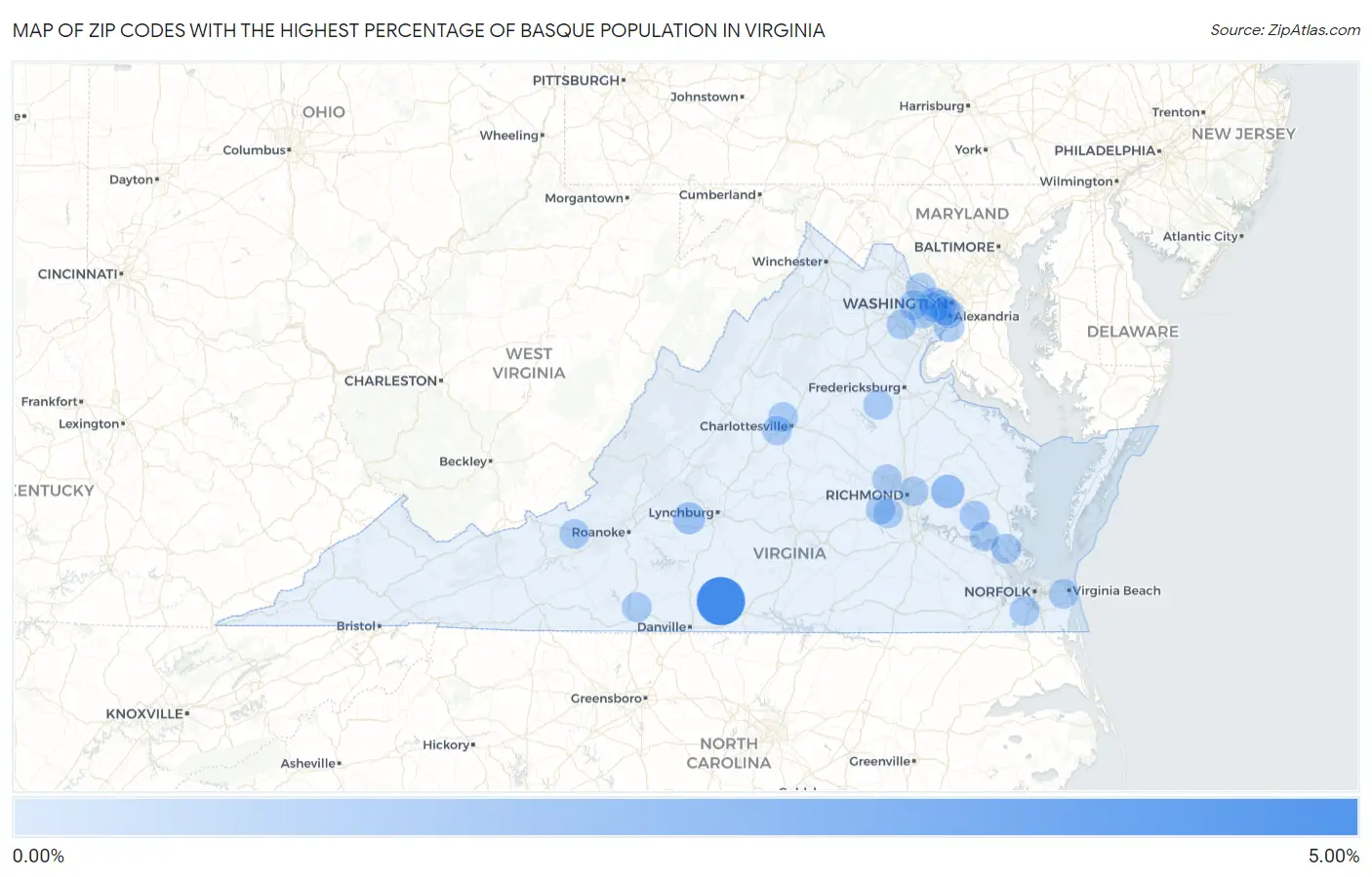 Zip Codes with the Highest Percentage of Basque Population in Virginia Map