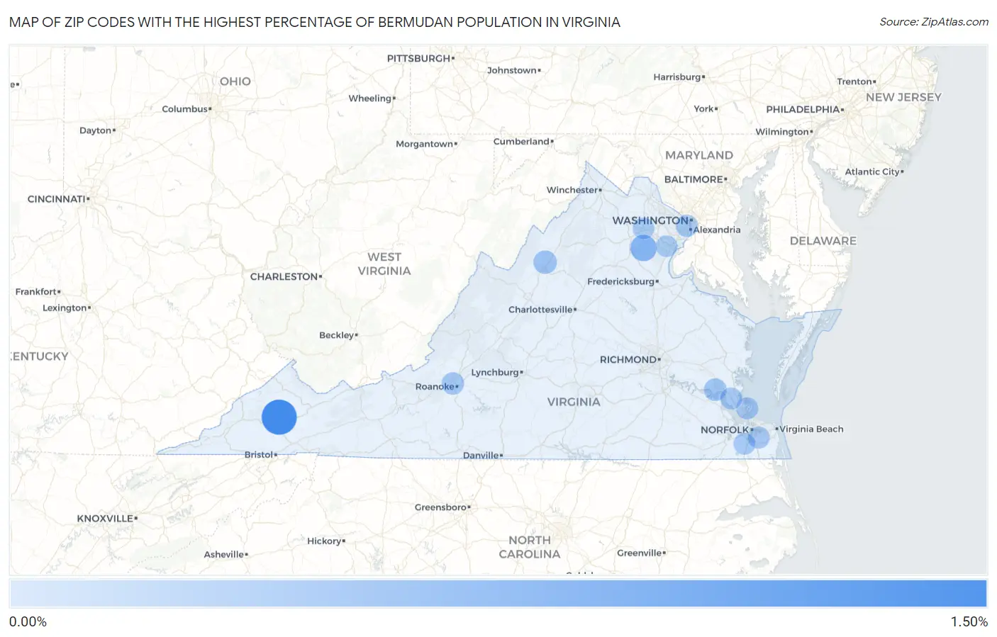 Zip Codes with the Highest Percentage of Bermudan Population in Virginia Map