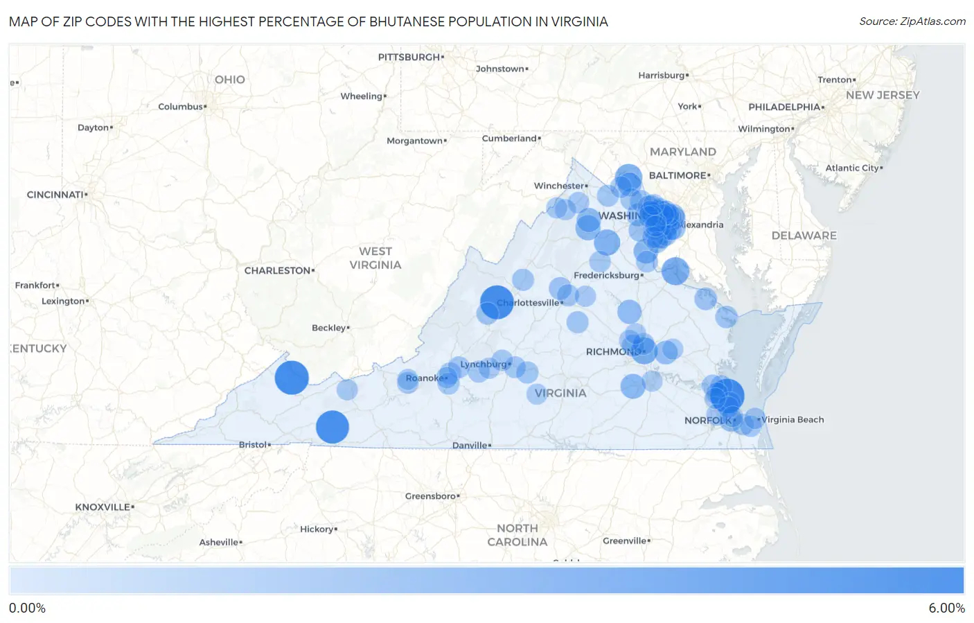 Zip Codes with the Highest Percentage of Bhutanese Population in Virginia Map