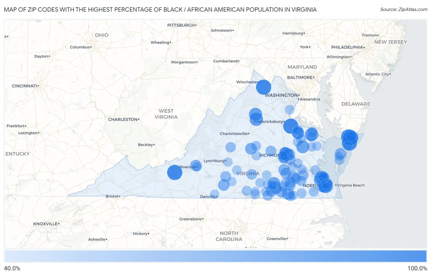 Zip Codes with the Highest Percentage of Black / African American Population in Virginia Map