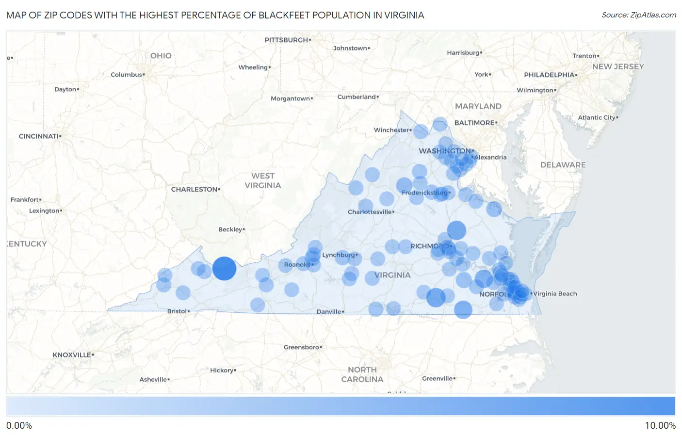 Zip Codes with the Highest Percentage of Blackfeet Population in Virginia Map