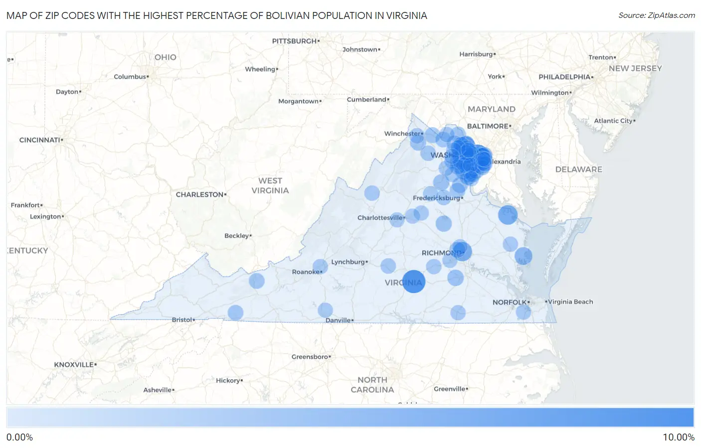 Zip Codes with the Highest Percentage of Bolivian Population in Virginia Map