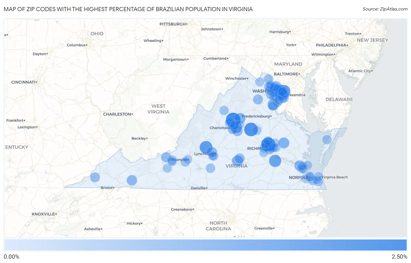Zip Codes with the Highest Percentage of Brazilian Population in Virginia Map