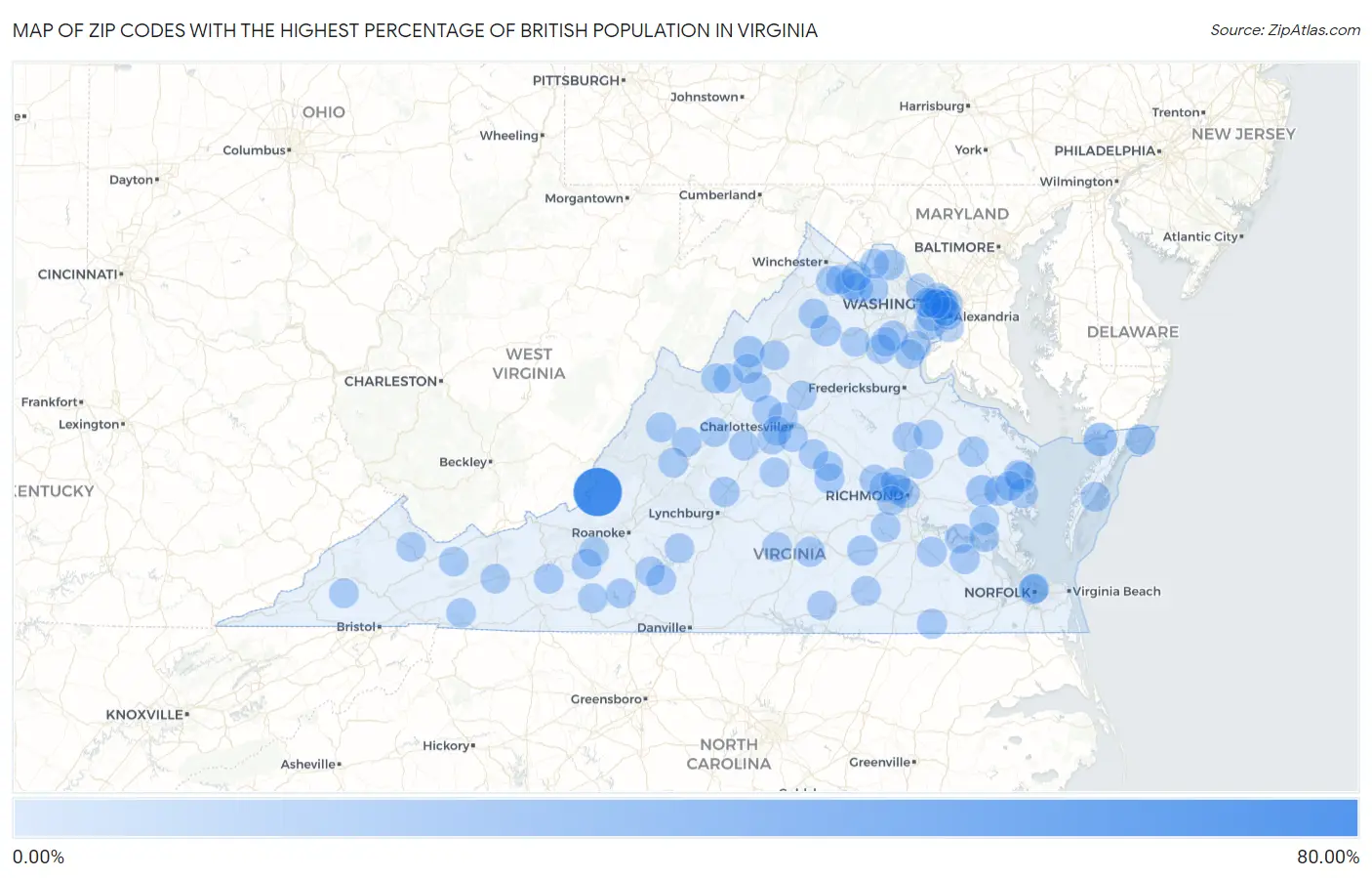 Zip Codes with the Highest Percentage of British Population in Virginia Map
