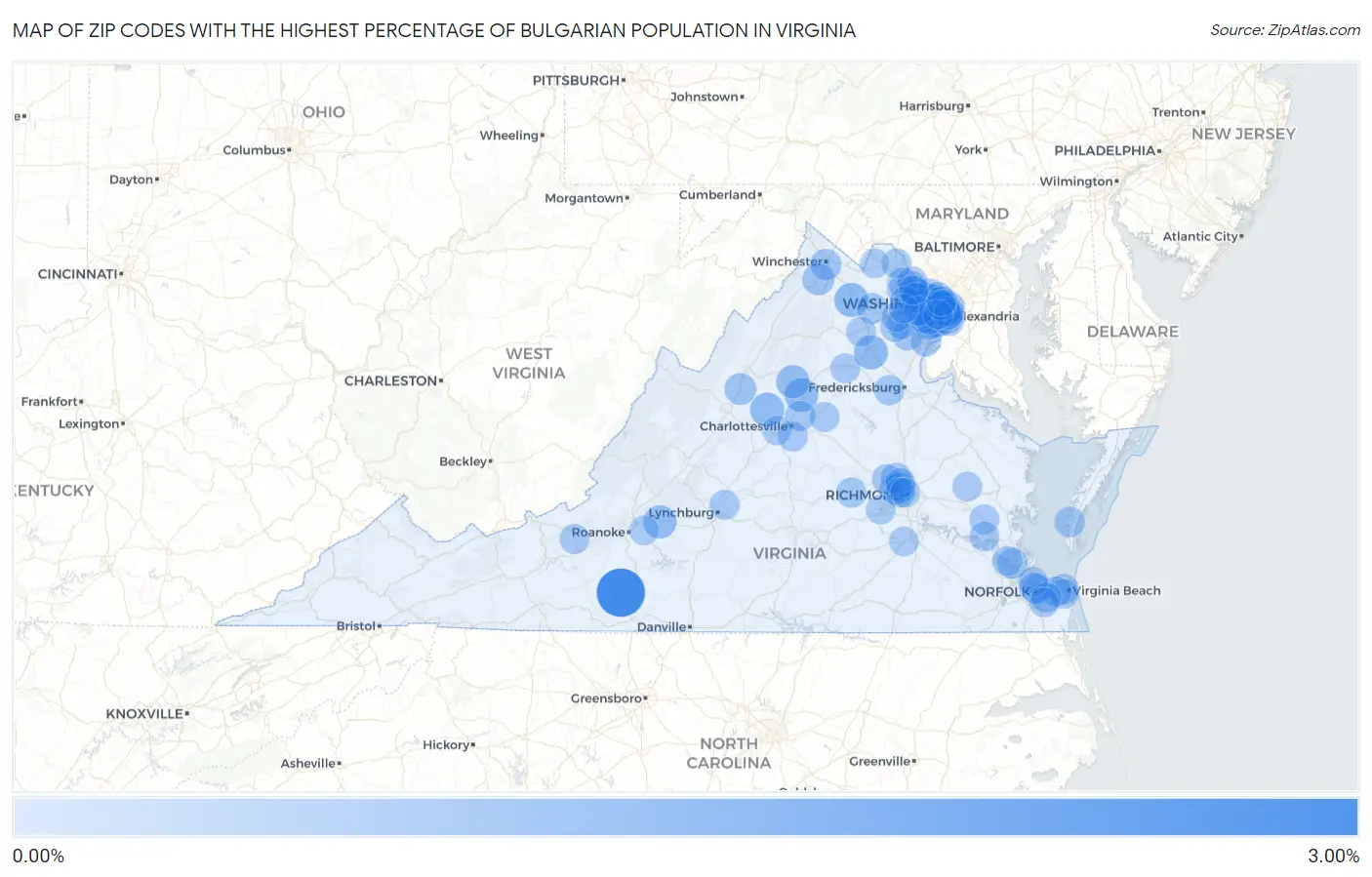 Zip Codes with the Highest Percentage of Bulgarian Population in Virginia Map