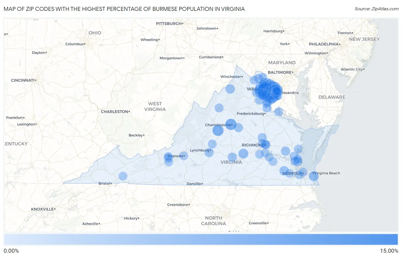 Zip Codes with the Highest Percentage of Burmese Population in Virginia Map