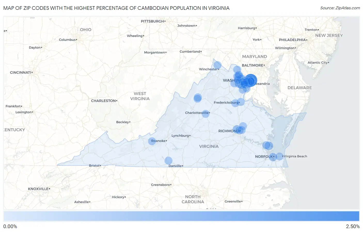 Zip Codes with the Highest Percentage of Cambodian Population in Virginia Map