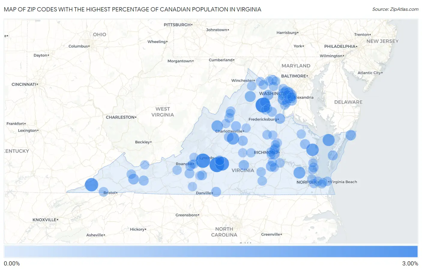 Zip Codes with the Highest Percentage of Canadian Population in Virginia Map