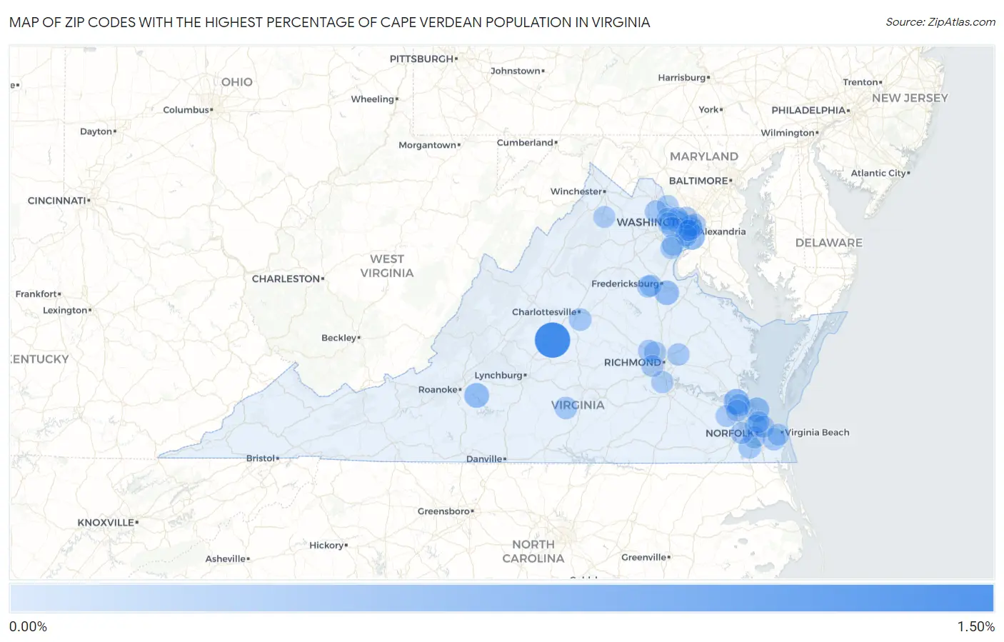 Zip Codes with the Highest Percentage of Cape Verdean Population in Virginia Map