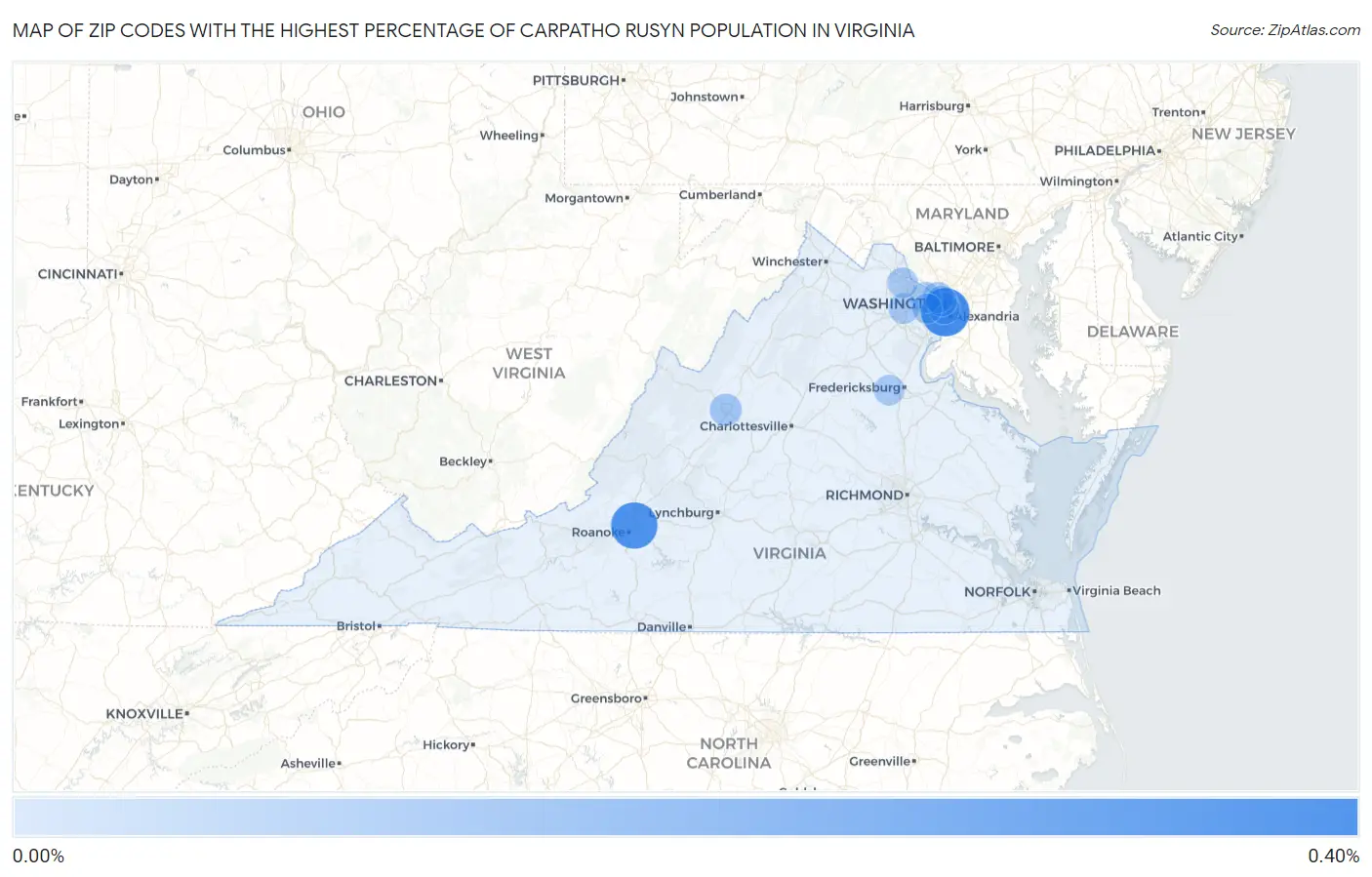Zip Codes with the Highest Percentage of Carpatho Rusyn Population in Virginia Map
