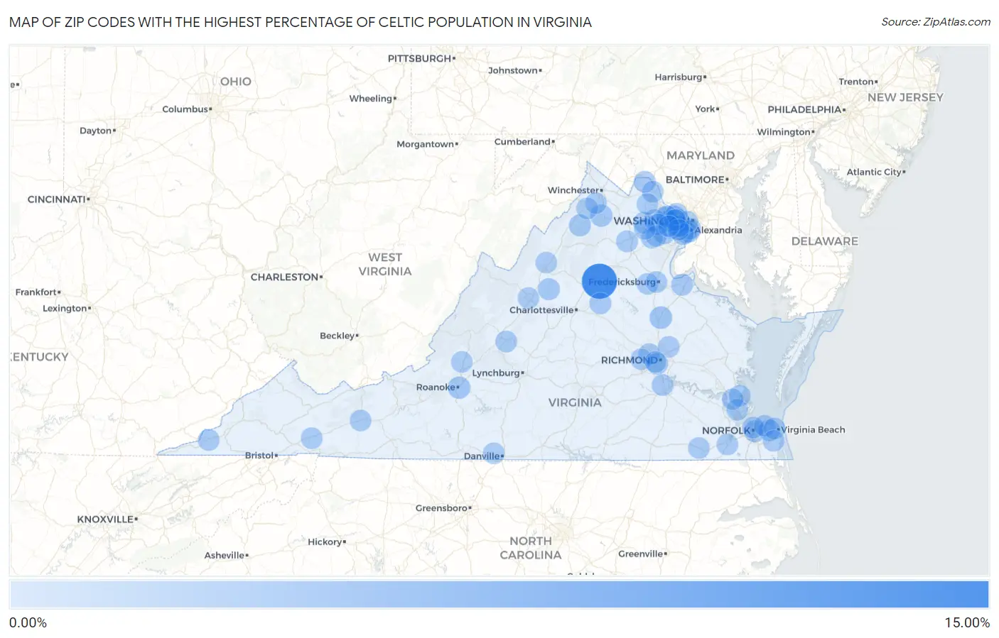 Zip Codes with the Highest Percentage of Celtic Population in Virginia Map