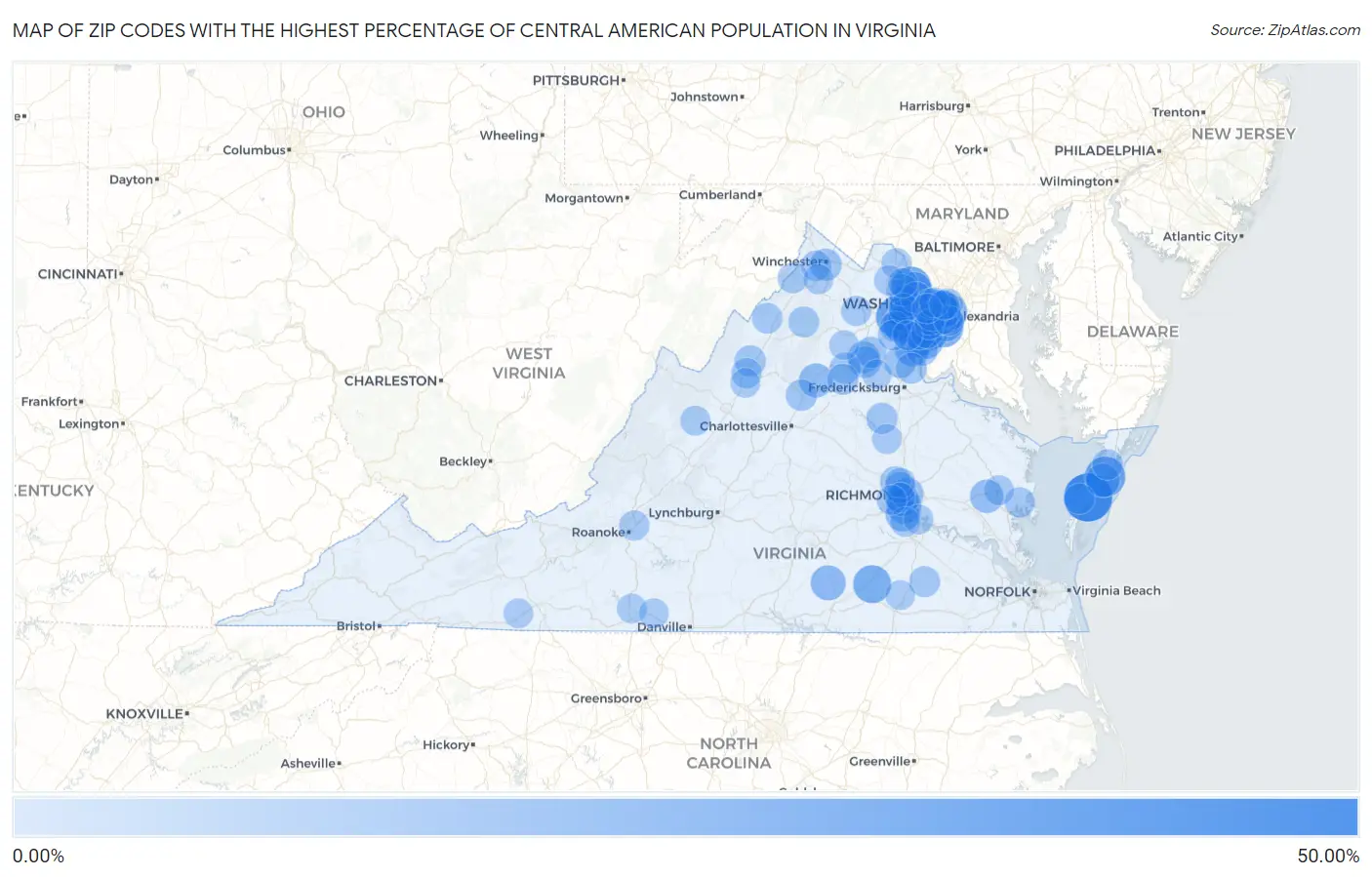 Zip Codes with the Highest Percentage of Central American Population in Virginia Map