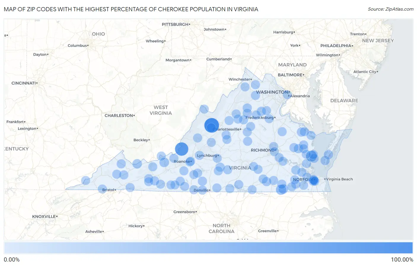Zip Codes with the Highest Percentage of Cherokee Population in Virginia Map