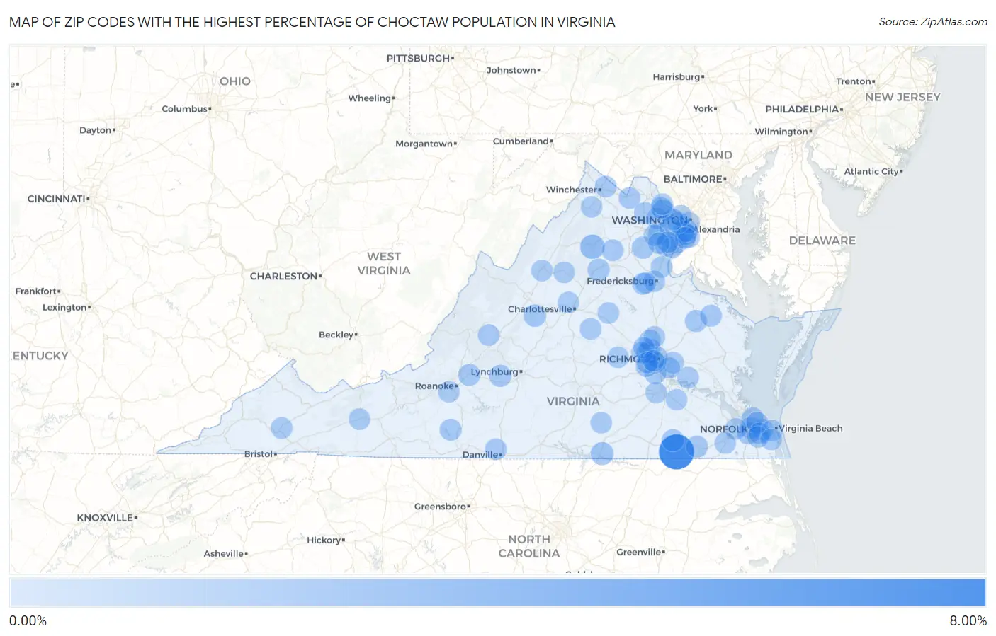 Zip Codes with the Highest Percentage of Choctaw Population in Virginia Map