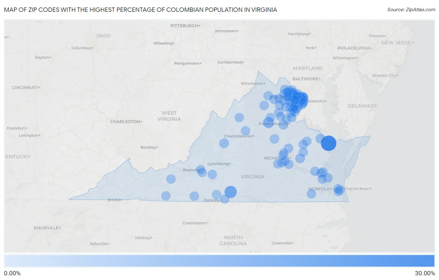 Zip Codes with the Highest Percentage of Colombian Population in Virginia Map