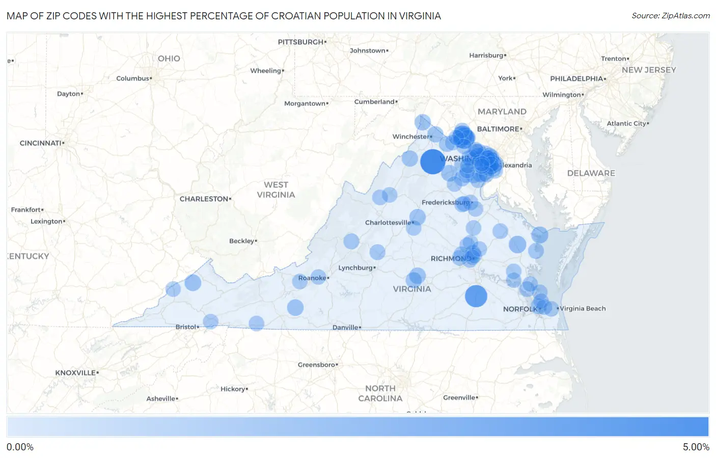 Zip Codes with the Highest Percentage of Croatian Population in Virginia Map
