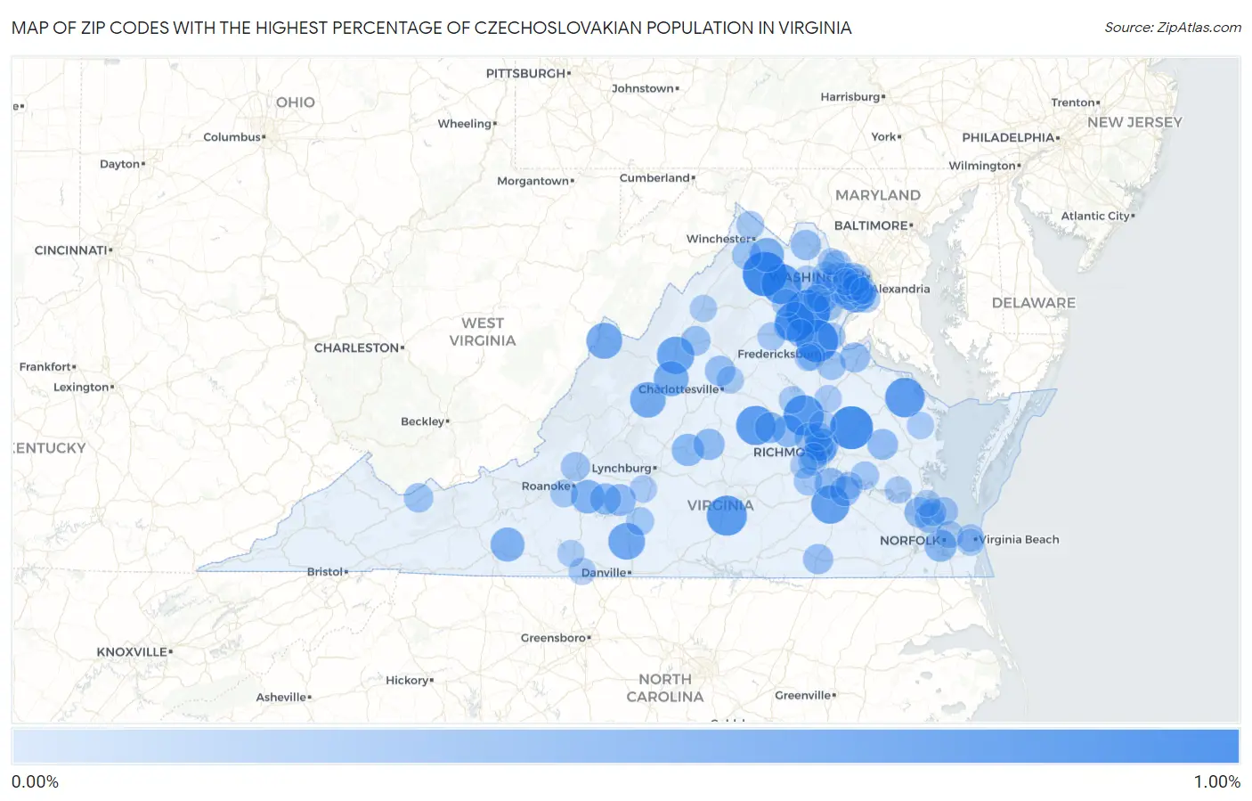 Zip Codes with the Highest Percentage of Czechoslovakian Population in Virginia Map