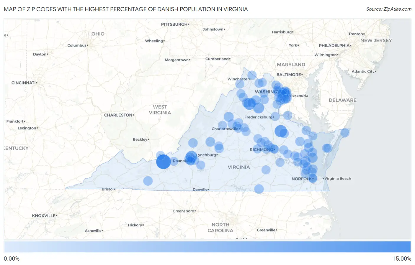 Zip Codes with the Highest Percentage of Danish Population in Virginia Map